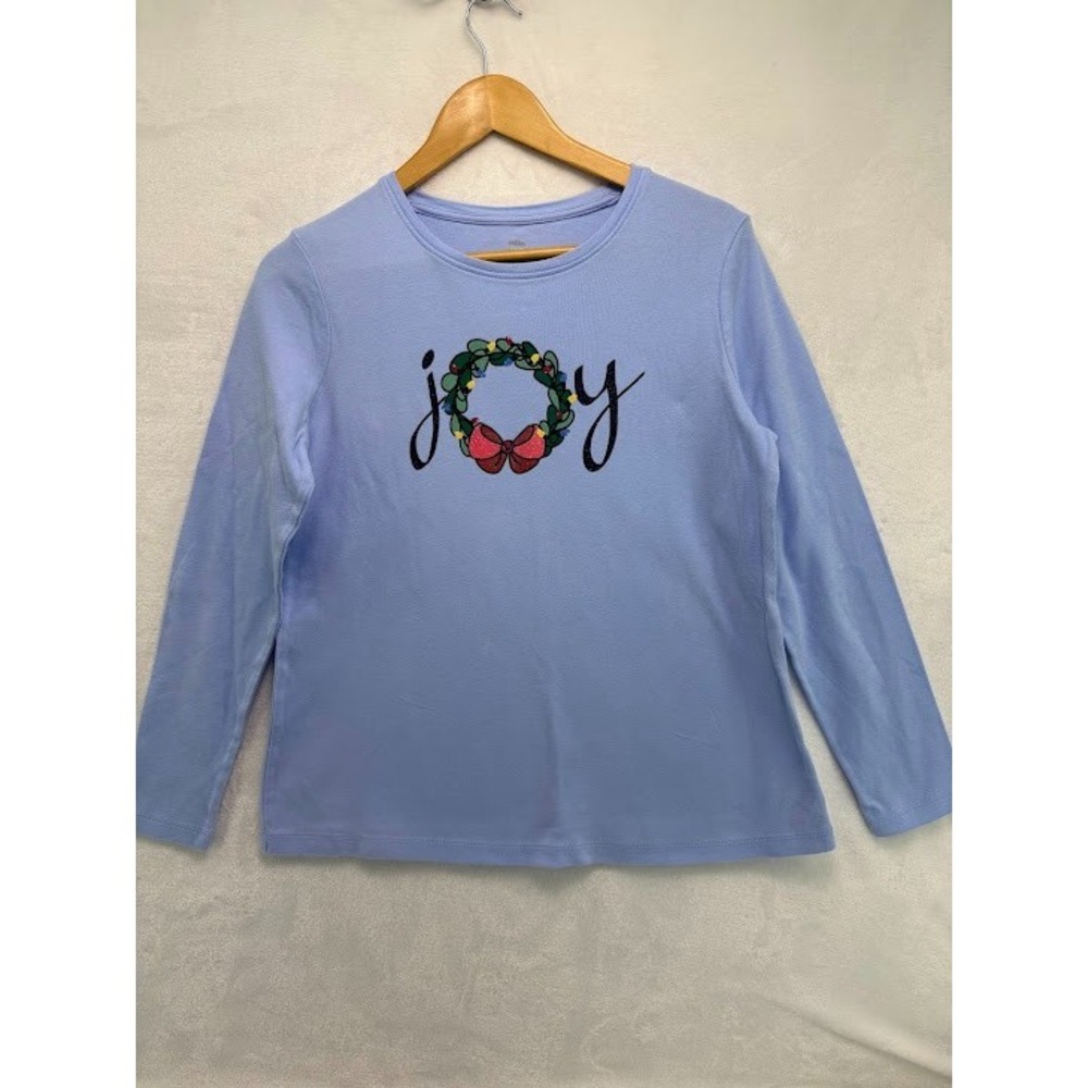 Kim Rogers Women's Medium Petite Christmas Wreath Long Sleeve Top Cotton Blue
